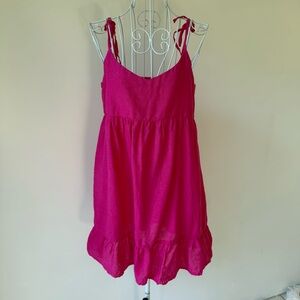 ZARA Hot Pink 100% Linen Tie Strap Ruffle Hem Mini Dress XS baby doll romantic